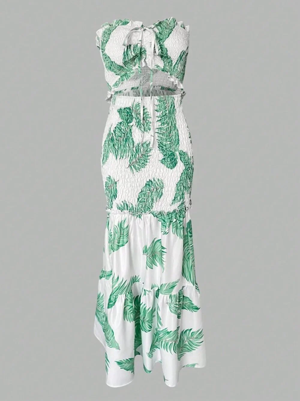 Green Cute Women's Tropical Plant Print Tube Dress Waist Cinch Mermaid Hem - Picture 4 of 4